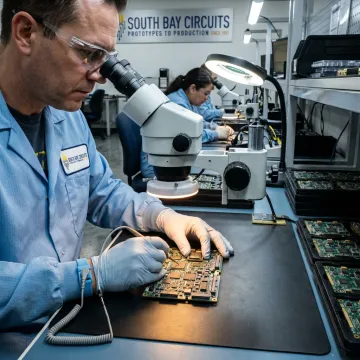 Technician inspecting an aerospace circuit board assembly