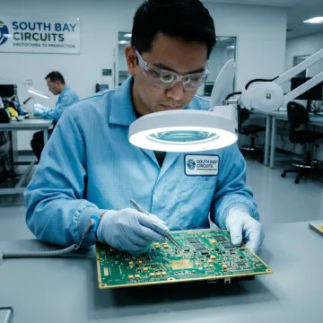 Technician inspecting a medical PCB assembly