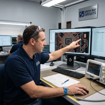 Engineer reviewing a printed circuit board layout