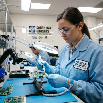 Technician applying protective coating to a printed circuit board