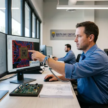 Engineer reviewing a printed circuit board layout