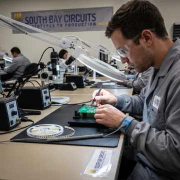 Technician assembling a printed circuit board