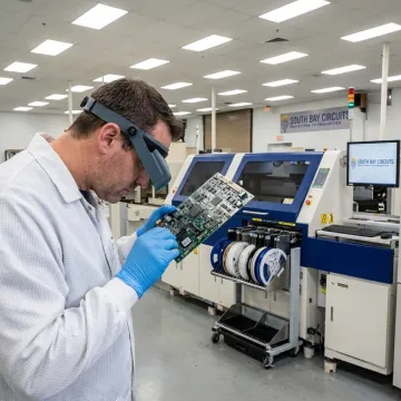 SMT assembly technician inspecting circuit boards
