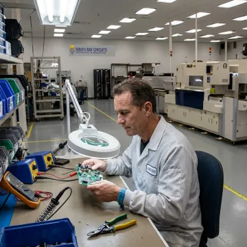 Technician inspecting assembled circuit boards