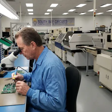 Technician assembling a printed circuit board
