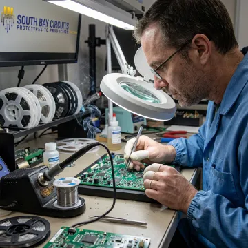 Technician assembling a low-volume circuit board