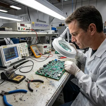 Technician inspecting assembled circuit board