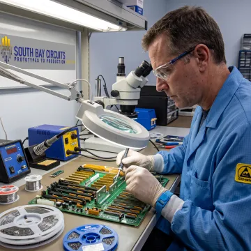 Technician assembling a printed circuit board