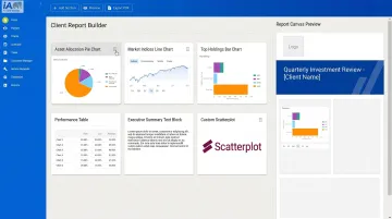 Investment research platform showing drag-and-drop client report builder interface