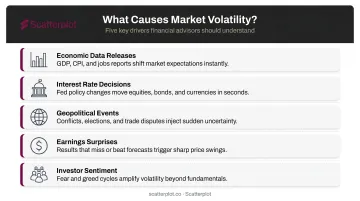Five key causes of market volatility explained with icons infographic