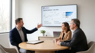 Financial adviser conducting high-value client meeting using branded presentation slides