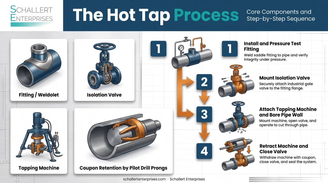 Hot tap process components and four-step installation sequence infographic