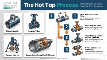 Hot tap process components and four-step installation sequence infographic
