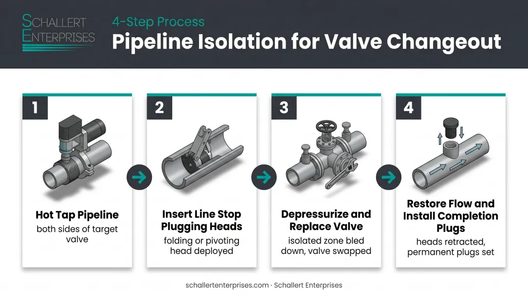Four-step pipeline isolation valve changeout process from hot tap to completion plug