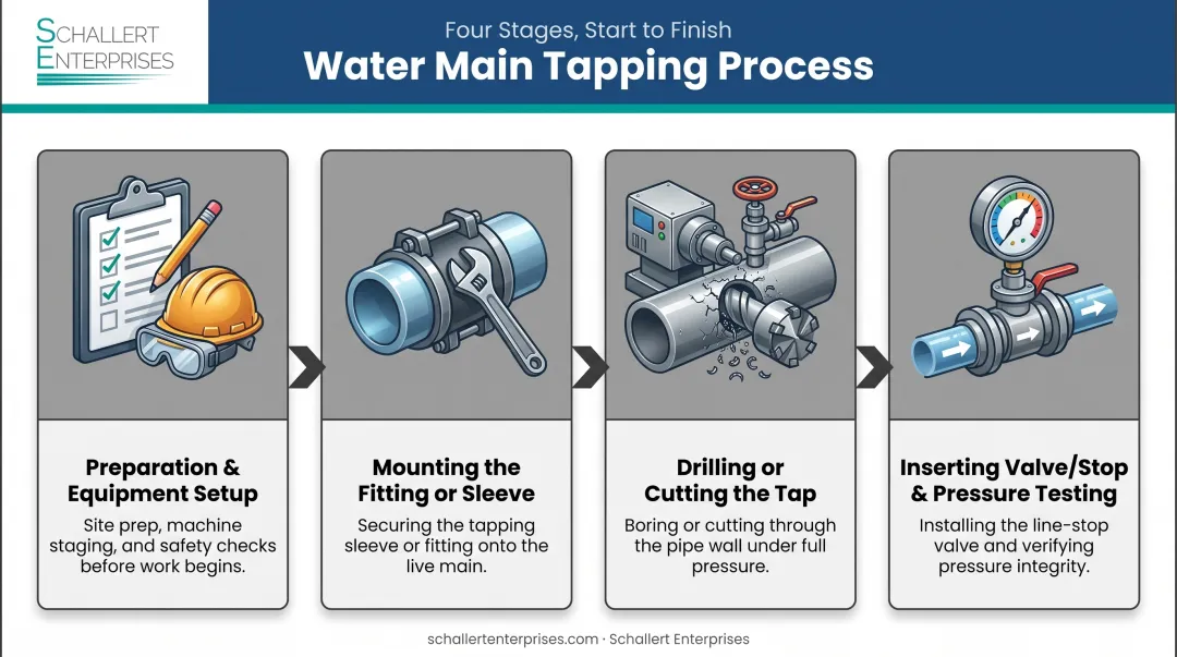 Four-step water main tapping process from preparation to pressure testing