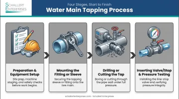Four-step water main tapping process from preparation to pressure testing