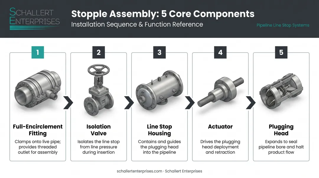 Five core components of a stopple fitting assembly labeled diagram