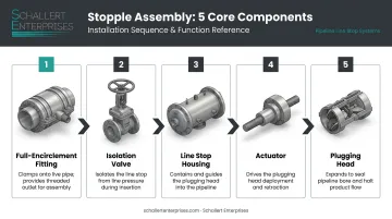 Five core components of a stopple fitting assembly labeled diagram