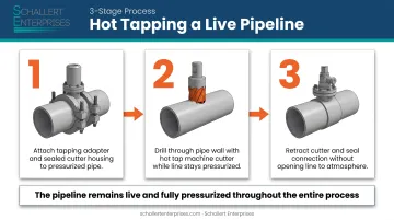 3-step hot tapping process diagram on pressurized pipeline connection