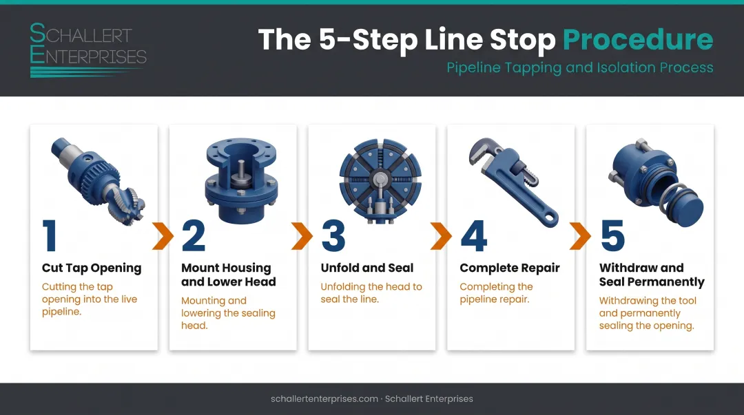 5-step pipeline line stop process from tap opening to permanent seal