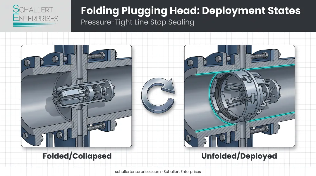 Folding plugging head collapsed versus unfolded state cutaway diagram