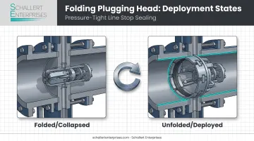 Folding plugging head collapsed versus unfolded state cutaway diagram