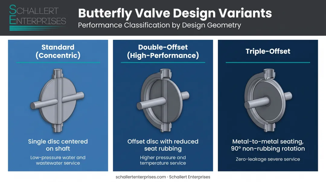 Three butterfly valve design types concentric double-offset triple-offset comparison infographic