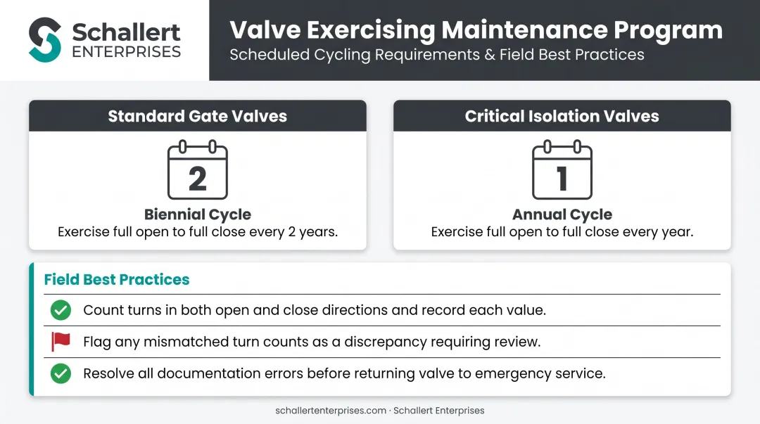 Isolation valve exercising program checklist with annual and biennial maintenance cycle intervals