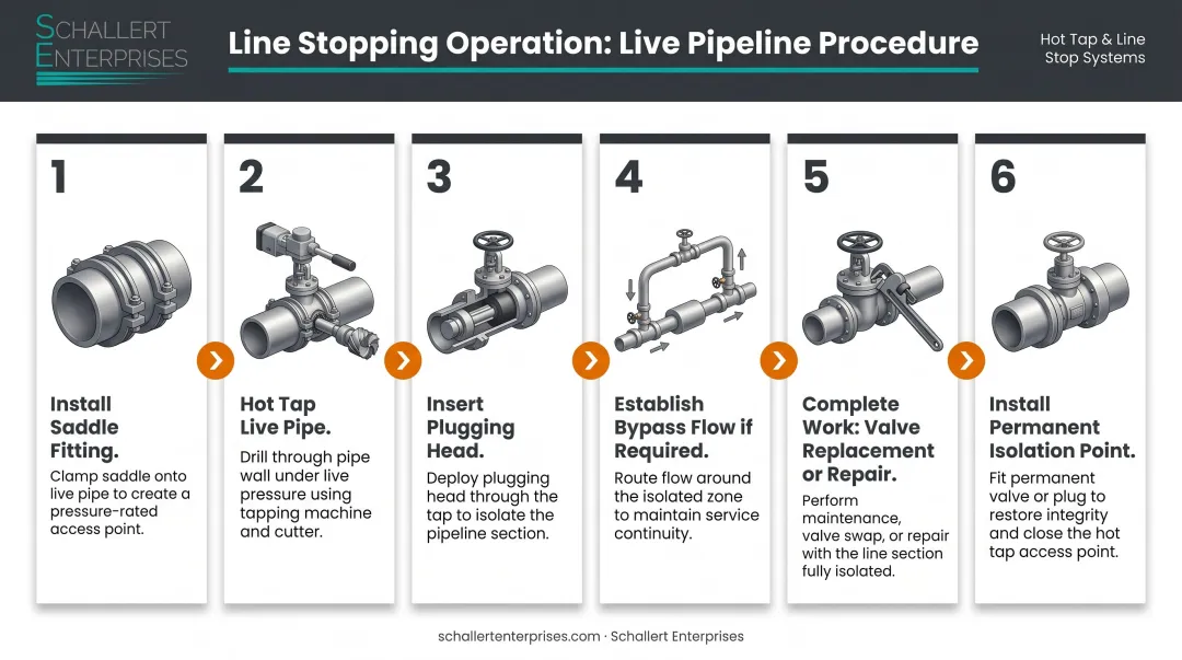 6-step line stopping process flow for live pressurized pipeline isolation without service interruption