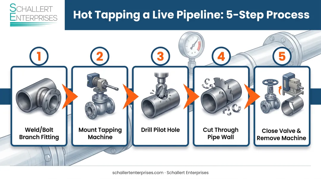 Hot tapping process flow diagram showing pressurized pipeline branch connection steps