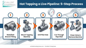 Hot tapping process flow diagram showing pressurized pipeline branch connection steps