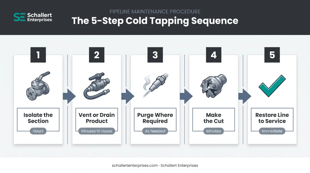 Cold tapping five-step process flow from isolation to line restoration