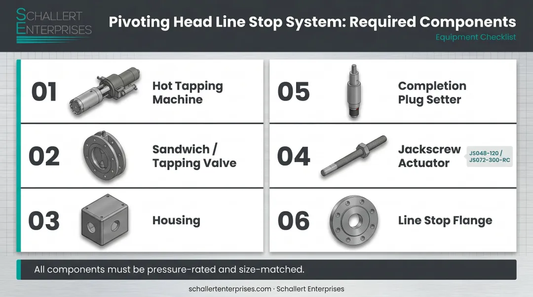 Complete pivoting head line stop system components checklist infographic