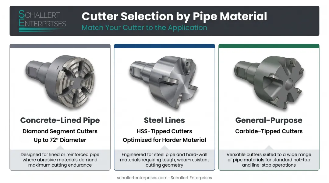 Pipeline cutter selection guide by pipe material type comparison infographic