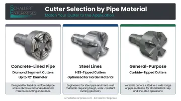 Pipeline cutter selection guide by pipe material type comparison infographic