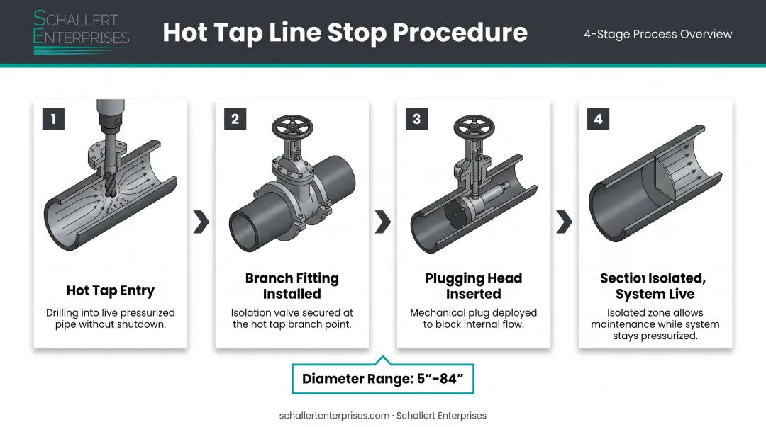 Line stopping hot tap process flow showing four stages from tapping to isolation