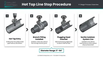Line stopping hot tap process flow showing four stages from tapping to isolation