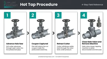 4-step hot tap process flow from advance to valve closure under pressure