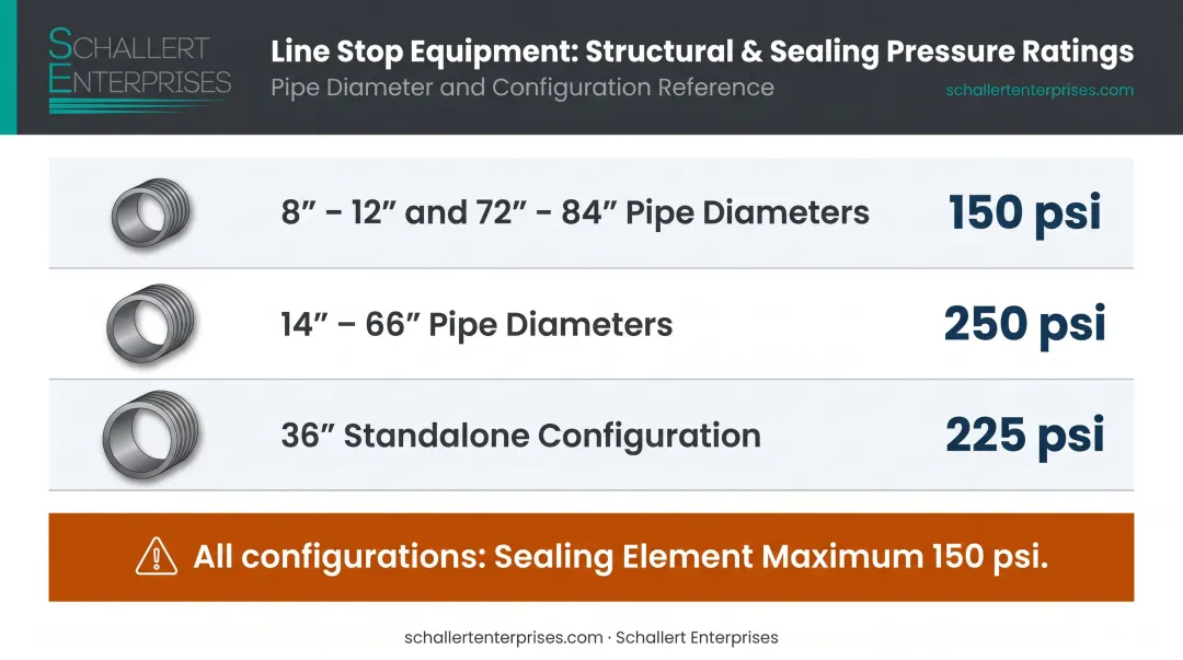 Folding head line stop pipe size versus structural pressure rating comparison chart
