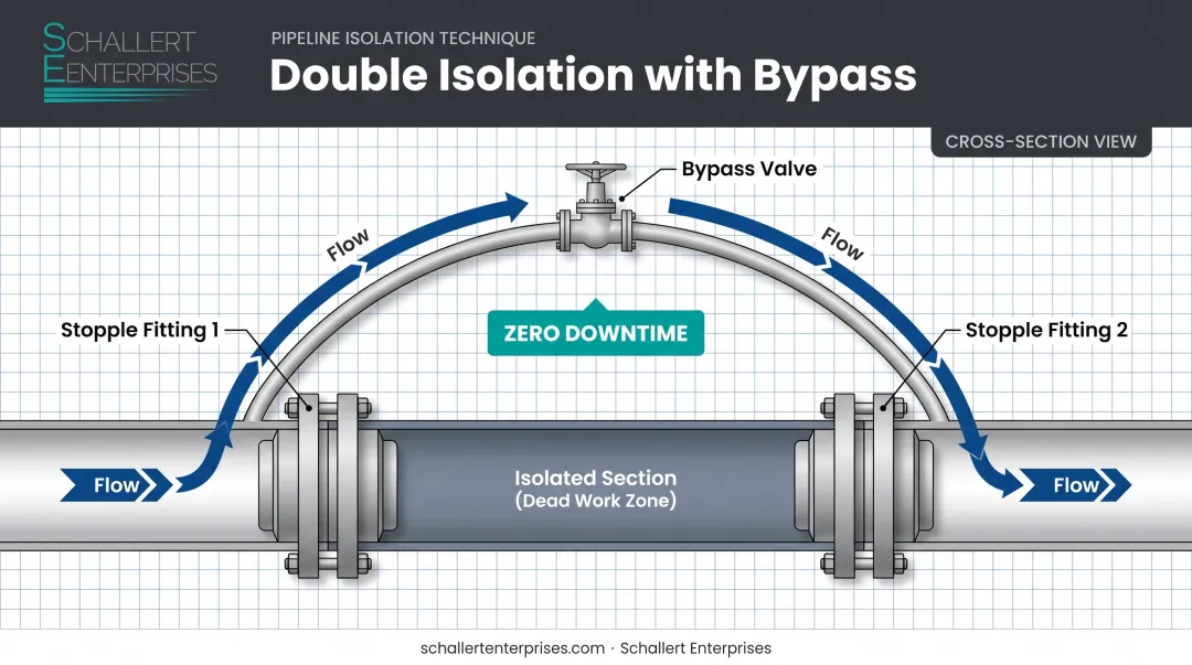 Double isolation with bypass pipeline configuration diagram showing continuous flow