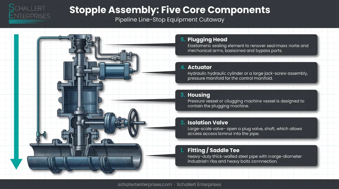 Stopple assembly components diagram showing fitting valve housing and plug