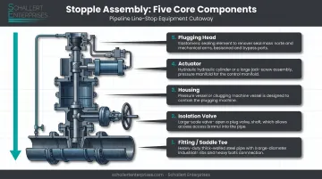 Stopple assembly components diagram showing fitting valve housing and plug