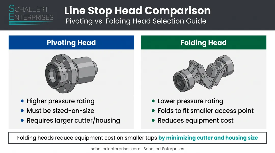 Pivoting head versus folding head line stop equipment comparison chart