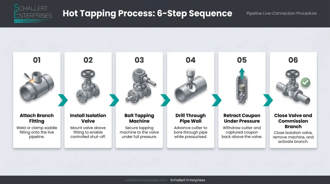 6-step hot tapping process flow on live pressurized pipeline infographic
