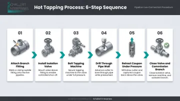 6-step hot tapping process flow on live pressurized pipeline infographic