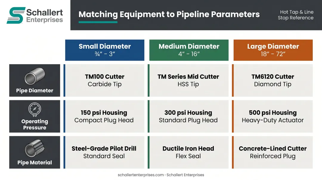 Pipeline equipment selection criteria matrix matching pipe diameter pressure and material to components