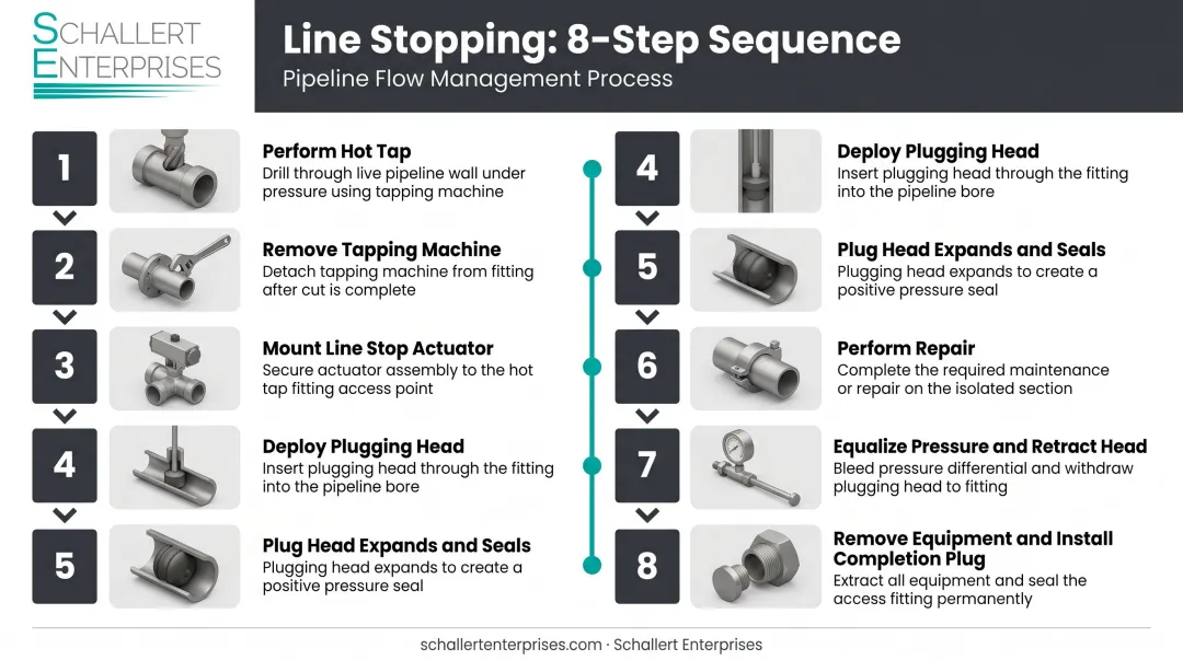 8-step line stopping sequence from hot tap to completion plug installation infographic