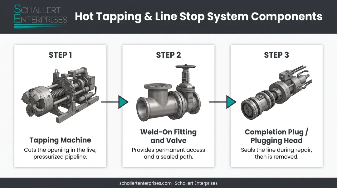 3-part hot tapping and line stop isolation process diagram
