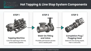 3-part hot tapping and line stop isolation process diagram