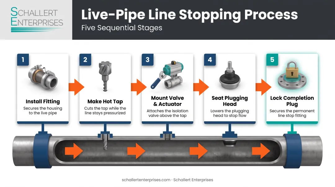5-step line stopping process from fitting installation to completion plug